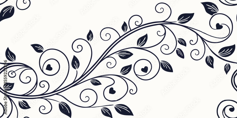 Aufkleber horizontal seamless vector pattern with flowing hearts and leaves, border for typography and gift wr