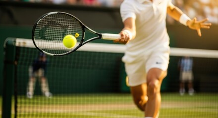 A dynamic male tennis player, mid-swing on a grass court, hitting the ball with intense focus during a sunny match, highlighting the fast-paced action of the sport.