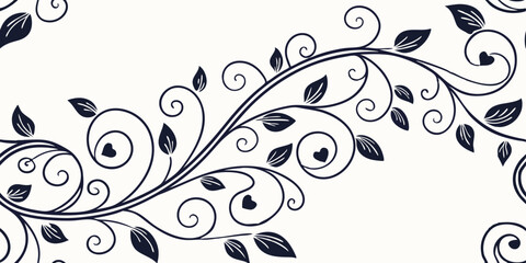Horizontal seamless vector pattern with flowing hearts and leaves, border for typography and gift wrapping design  
