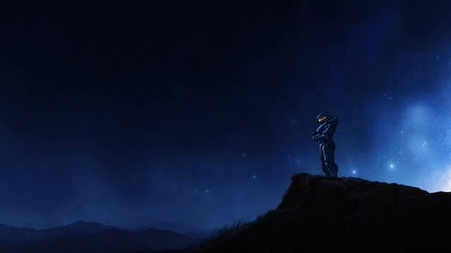 Halo Infinite inspired artwork showing a lone warrior standing on a cliff at night