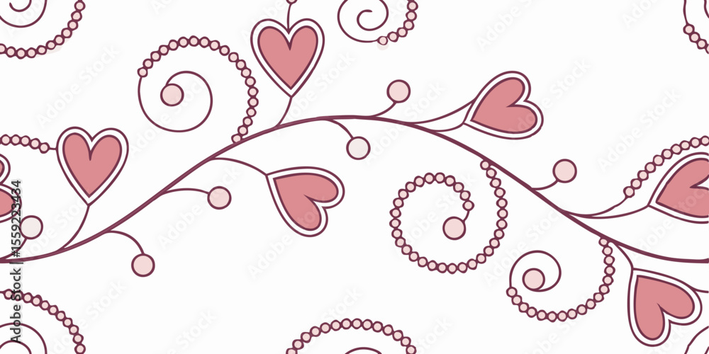 Poster horizontal seamless vector pattern featuring hearts and decorative swirls, border for typography and