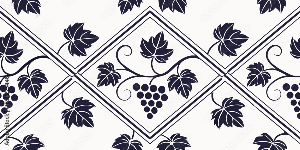 Poster horizontal seamless vector pattern with grape leaves and grapes, border for typography and gift wrap