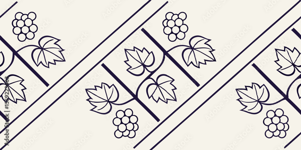 Poster horizontal seamless vector pattern with grapevine and leaves design, border for typography and gift 