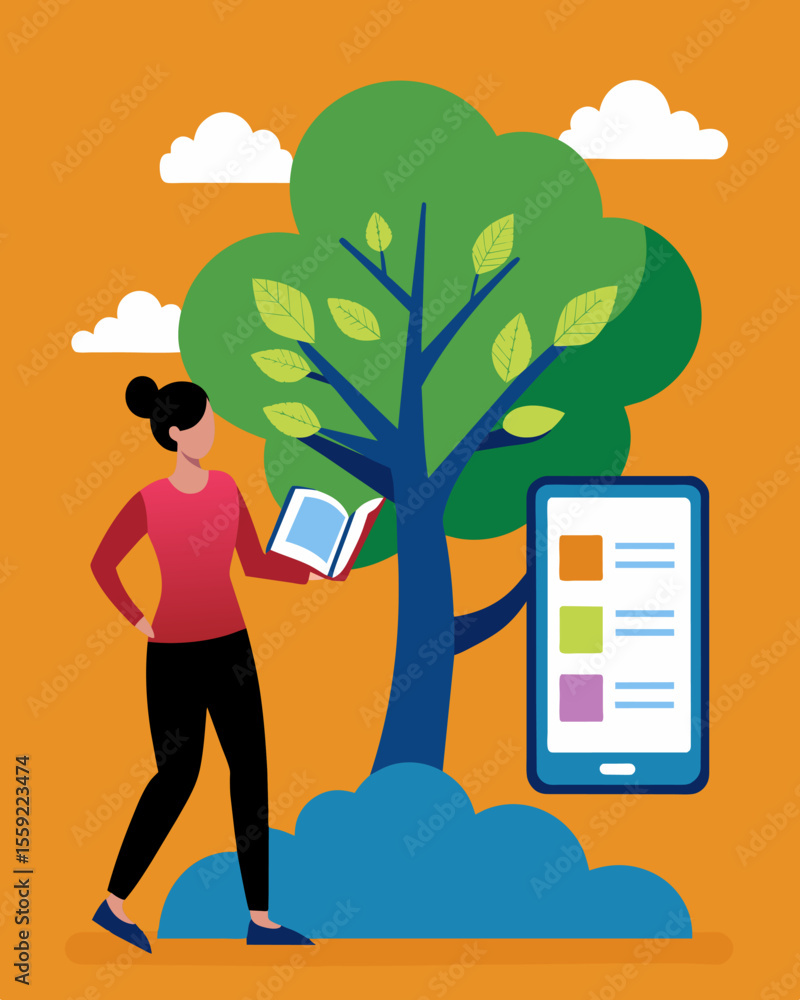 Poster a consumer purchasing a digital ebook instead of a printed paperback reducing the need for paper and