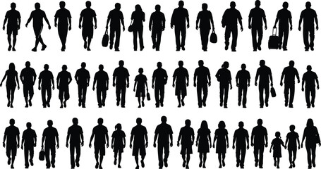 Walking silhouettes, people in motion, human crowd, casual walkers, travelers, adults and children, white background, movement diversity, pedestrian group, active lifestyle, bags, posture