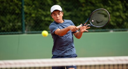 A young male tennis player in a blue t-shirt and white cap, intensely focused on hitting a forehand with a tennis racket and ball on a clay court with a green backdrop.