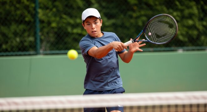 A young male tennis player in a blue t-shirt and white cap, intensely focused on hitting a forehand with a tennis racket and ball on a clay court with a green backdrop.