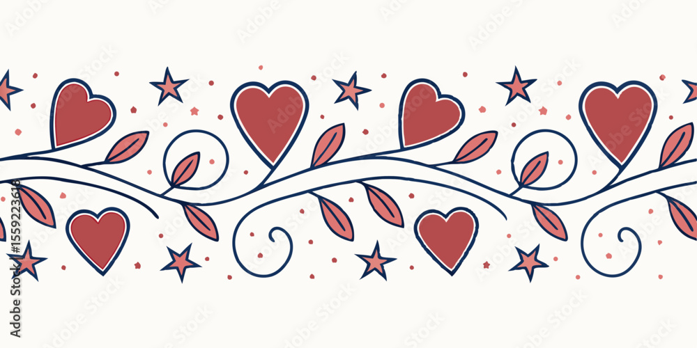 Poster horizontal seamless vector pattern with hearts and stars design, border for typography and gift wrap