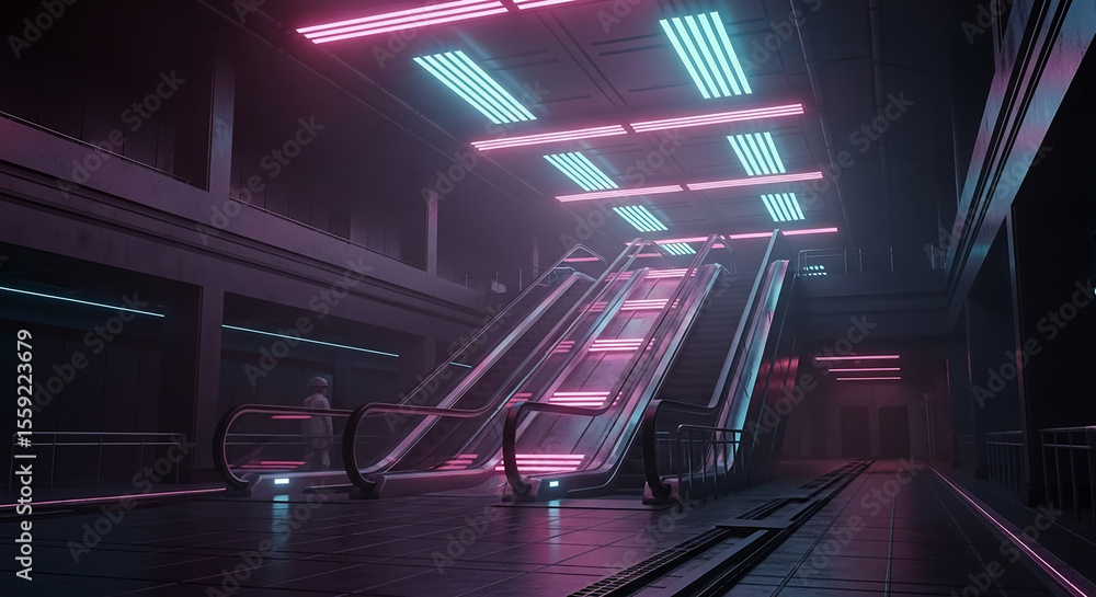 Poster astronaut walking on moving sidewalk in futuristic building with neon lights