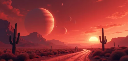 Fototapete Rund Red planet desert landscape illustration. Alien sky, road, cacti. Sunset, sunrise. Extraterrestrial fantasy art. Surreal world with mountains and planets. © miss irine