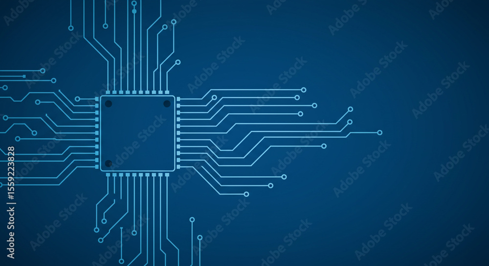 Poster a close up of a blue circuit board with intricate lines and a central square chip design element sho