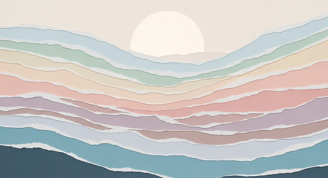Torn paper stripes creating a colorful mountain landscape with a bright sun - Powered by Adobe