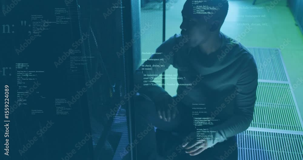 Poster technician noticing code overlay drifting, kneeling before open rack in data center securing cables