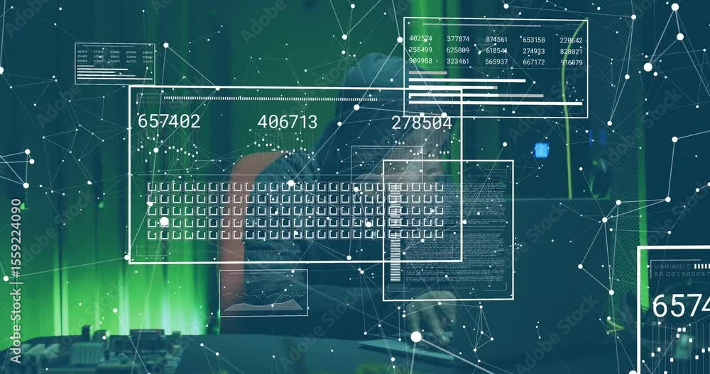 Poster cybersecurity specialist typing keys causing ui panels updating numeric windows in studio