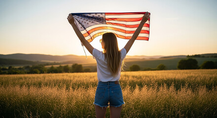Young woman holding american flag in wheat field at sunset