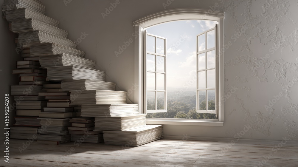Aufkleber Stacked Books Create a Staircase Leading to an Open Window With Scenic Views and Soft Afternoon Light