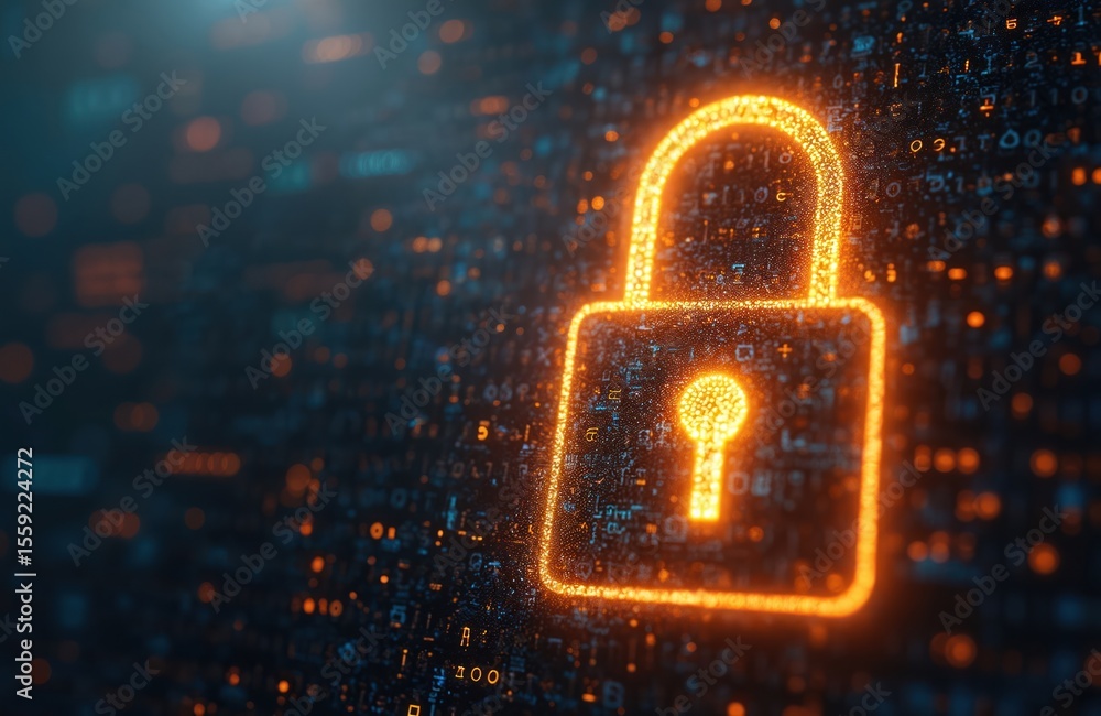 Aufkleber Glowing padlock symbol against binary code background. Tech concept of digital security, data protection, and privacy. Encryption and cybersecurity in a connected world of digital information.