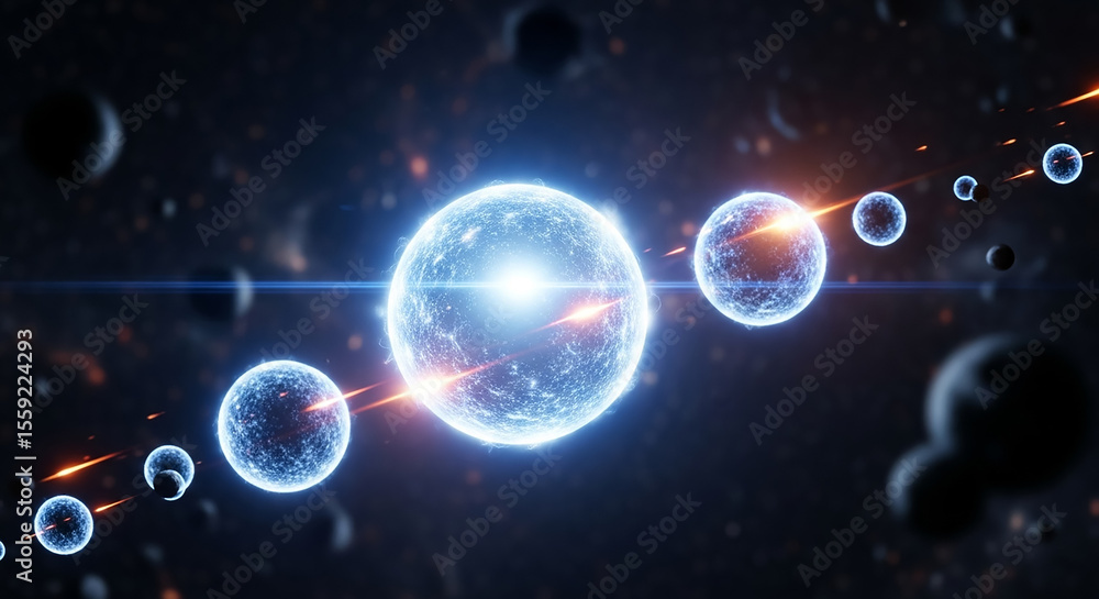 Poster atoms exchanging energy, forming a network in the vastness of space