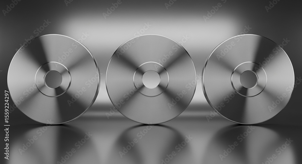 Poster three metallic discs reflecting on a gray background
