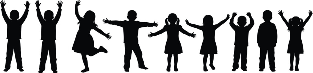 Children silhouettes, playful kids, standing poses, dancing children, arms raised, fun postures, jumping kids, childhood joy, human figures, white background, active stance, child 