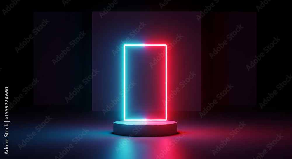 Poster empty neon sign illuminating dark room with podium display