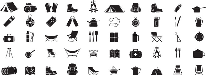 Camping gear icons tent backpack