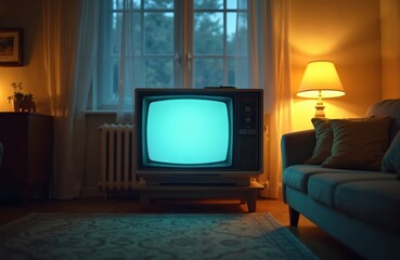 Vintage TV in cozy living room at night. Retro television glows in comfortable home interior scene. Classic antique design in vintage style with sofa lamp warm illumination creates nostalgic