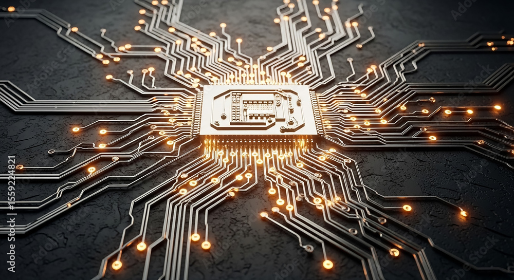 Poster Cpu processing data on futuristic motherboard with glowing circuits
