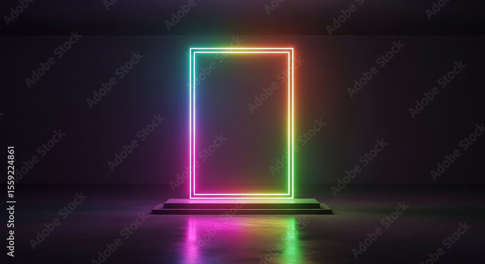 Poster glowing neon rainbow rectangular frame on stage illuminating dark room