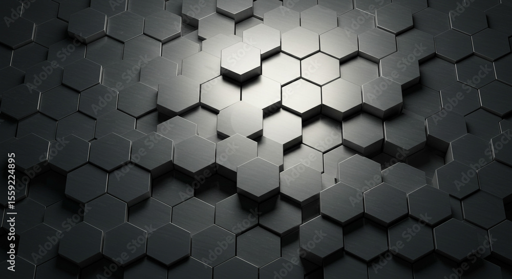 Poster a dark background featuring a pattern of hexagonal shapes with varying shades and lighting effects