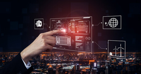 Smart interface showing electric vehicle performance, battery system, power control, charging...