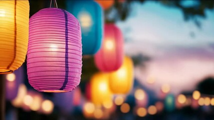 Vibrant lanterns illuminate a festive evening, celebrating cultural diversity, traditional festivals, and community gatherings evokes warmth and togetherness includes bokeh effect