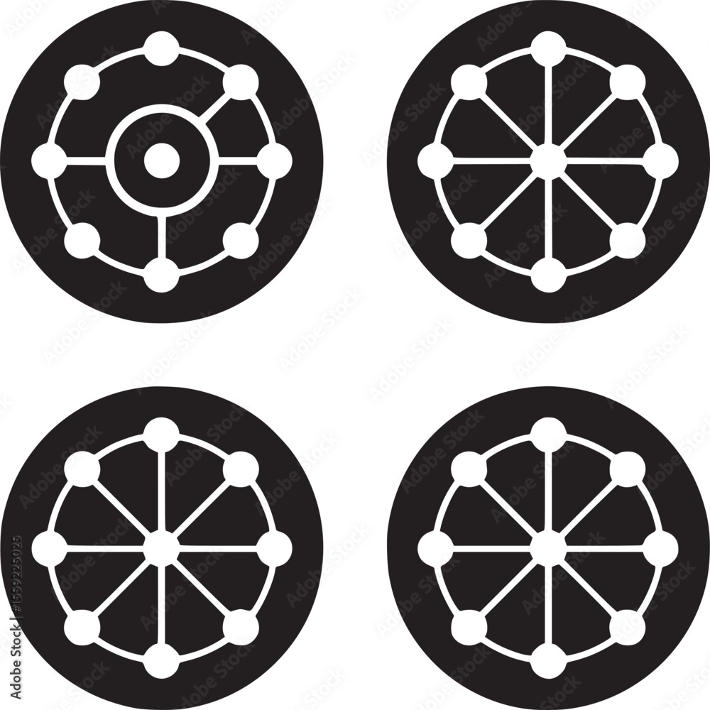 Aufkleber four black circles containing white dots and lines arranged in geometric patterns on white backgroun
