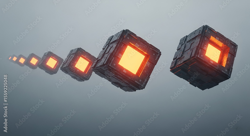 Poster mysterious black cubes with orange glowing cores floating in the air