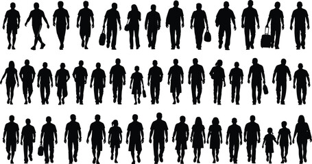 Walking silhouettes, people in motion, crowd formation, posture diversity, adult and child figures, travel theme, casual walking, white background, luggage silhouettes, urban movement, full body outli