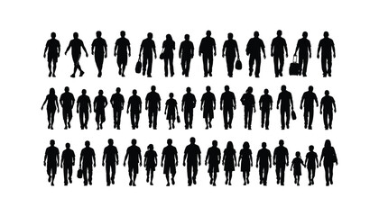 Walking silhouettes, people in motion, crowd formation, posture diversity, adult and child figures, travel theme, casual walking, white background, luggage silhouettes, urban movement, full 