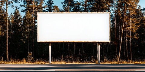 clean roadside billboard mockup with full white placeholder, clear visibility from highway with trees in background, highly detailed, natural shadows, no people or text