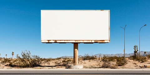 highway billboard mockup in desert scene, warm sunlight and long cast shadows, centered blank panel, tire marks on asphalt, minimalistic aesthetic