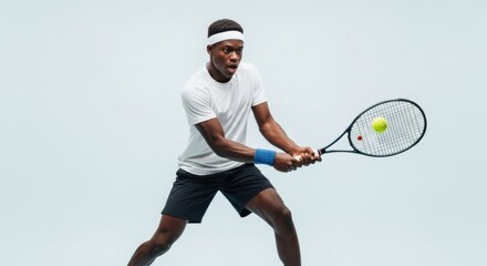 A dynamic young African American male tennis player in white sportswear and a headband, mid-action, powerfully hitting a forehand with intense focus against a white background.