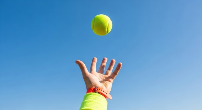 A hand with a neon yellow wristband tossing a tennis ball high into a clear blue sky, captured from a low angle, symbolizing the start of a game or physical activity. - Powered by Adobe