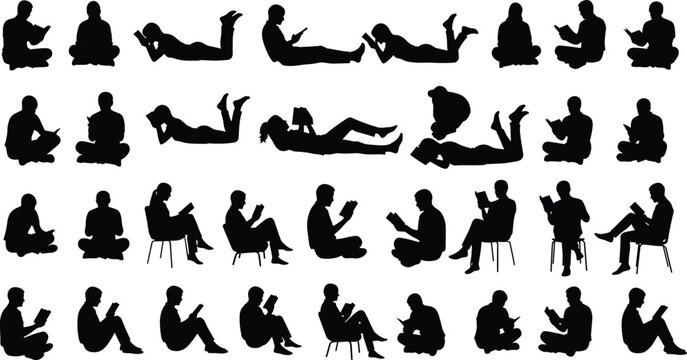 Reading silhouettes, people with books, sitting and lying figures, various postures, digital tablets, comfortable reading, leisure activity, silhouette collection, black shapes, book lovers, relaxin