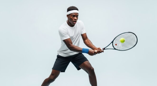 A dynamic young African American male tennis player in white sportswear and a headband, mid-action, powerfully hitting a forehand with intense focus against a white background. - Powered by Adobe