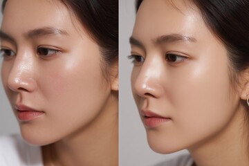 Split Image of Korean Woman&rsquo;s Cheek Showing Pore Reduction and Skin Tone Improvement