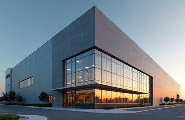 Naklejka na ściany i meble Modern office building with glass facade reflecting sunset sky. Corporate exterior design, large windows, commercial property in urban downtown area. Construction, business work, real estate concept.