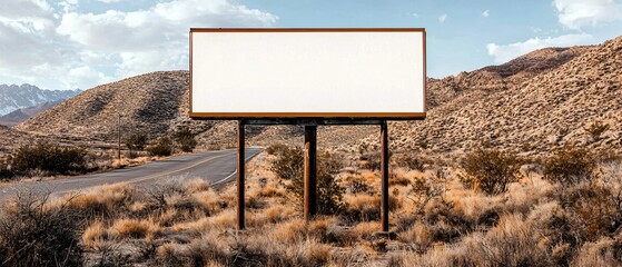 simple blank billboard on a metal frame above a rural gas station, overcast skies, moody tone, deserted surroundings, cinematic roadside atmosphere