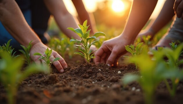 Hands plant young plants in soil at sunset. Community garden work, teamwork, connection to nature. Environmental care, sustainable lifestyle, eco-friendly farming, gardening activities.