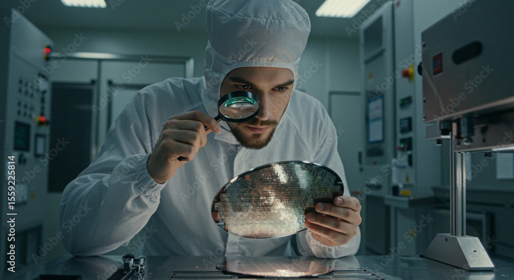 Poster man in clean suit inspecting wafer with magnifying glass in a laboratory environment setting careful
