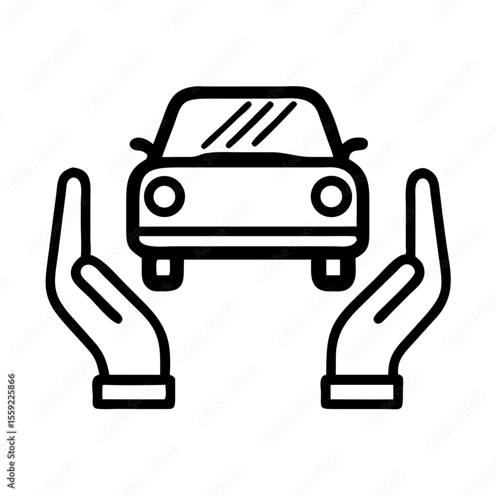 Poster hands holding a car icon in a simple vector style with insurance concept