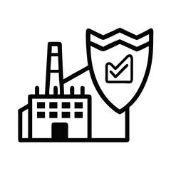 Factory building with shield symbolizing insurance concept  