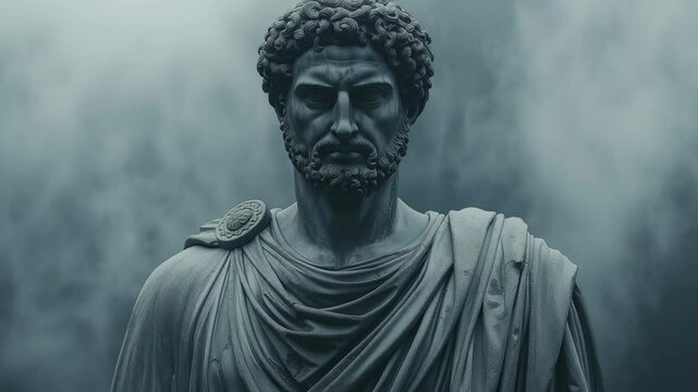 A stone statue of a roman emperor or philosopher against a dramatic cloudy sky. History and stoicism concept. Footage for educational content, museum promotion or a motivational video